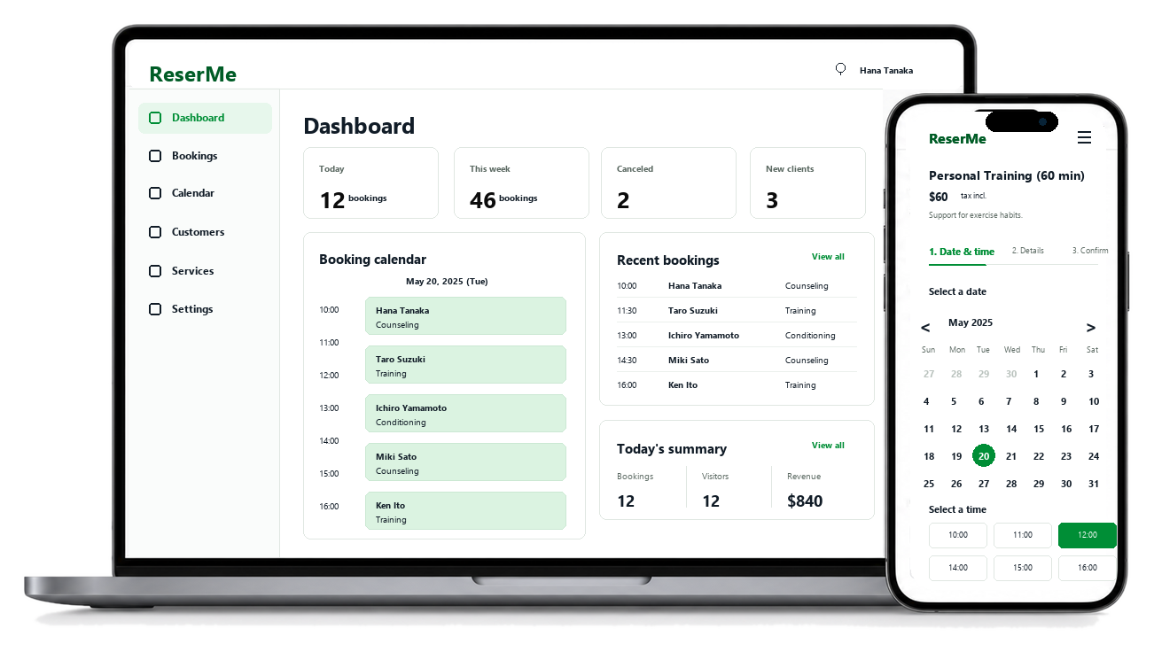 Preview of the ReserMe reservation dashboard and smartphone booking page